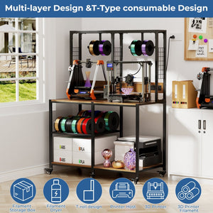 English Elm Double Tier Steel Workbench for Two 3d Printers with Spool Holders and Locking Casters W3190P395814