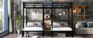 English Elm Twin Triple Bunk Bed Black Metal Frame with Built-in Storage Stairs and Shelves W1580S00620