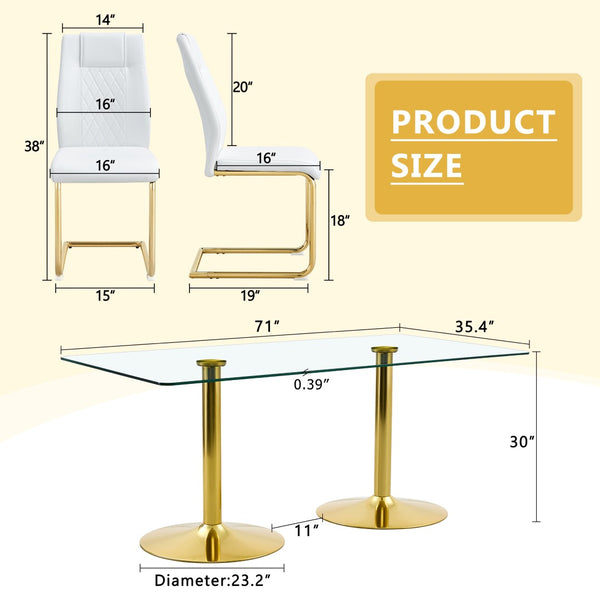 English Elm Table and Chair Set 8 Seater Tempered Glass Top with Pu Leather Dining Room Furniture Gold,Transparent,White W1151S04565