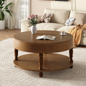 English Elm Coffee Round Flip-Top Coffee Table with Hidden Storage and Open Shelf, Modern Living Room Chest Walnut Brown W1445P341373