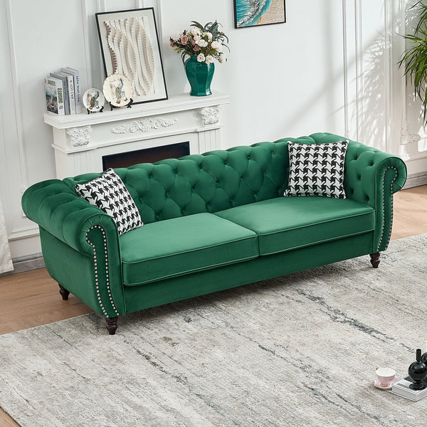 English Elm 87"Chesterfield Velvet Upholstery Sofa with Roll Armrests & Nailhead Trim, 3-Seater Luxurious Midcentury Design Green W3373S00047