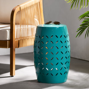 English Elm Christopher Knight Home® - LILAC Sculptural 12" Cylindrical Accent Side Table with Laser-Cut Iron Floral Design, Weather-Resistant Finish Teal N770P365805T