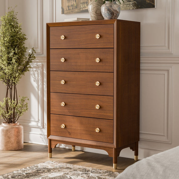 English Elm 1pc Walnut Tall Chest Five Drawers Gold-capped Legs Mid-century Bedroom Storage B2741P446675