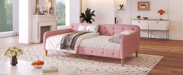 English Elm Twin Linen Upholstered Daybed with Button Tufting and Four Solid Pine Legs N709P416259H