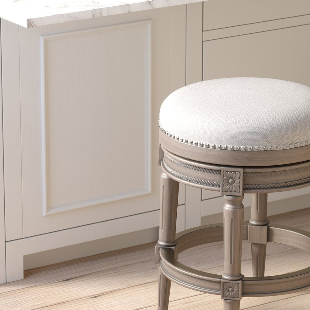 English Elm 26in. Faux Leather Swivel Barstool Nailhead Trim Carved Wood Counter Height Kitchen Gray B2751P436440