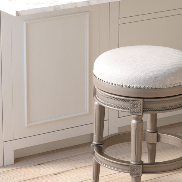English Elm 26in. Faux Leather Swivel Barstool Nailhead Trim Carved Wood Counter Height Kitchen Gray B2751P436440
