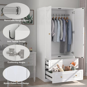English Elm Armoire Wardrobe with Soft Close Doors Two Drawers Mdf Wood Bedroom Storage White T3773P416712