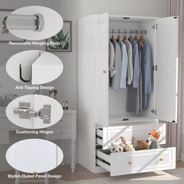 English Elm Armoire Wardrobe with Soft Close Doors Two Drawers Mdf Wood Bedroom Storage White T3773P416712
