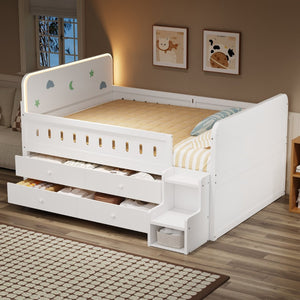English Elm Wooden Full Bed Frame with Led Headboard Four Storage Drawers and Ladder Shelf White N7090004028K