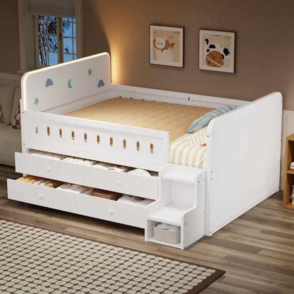 English Elm Wooden Full Bed Frame with Led Headboard Four Storage Drawers and Ladder Shelf White N7090004028K