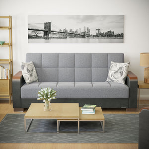 English Elm PrimeNest ZenAero Upholstered Wood Trim Convertible Sofabed with Storage, Click-Click Sleeper Comfort Grey+Black B030P286533