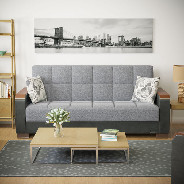 English Elm PrimeNest ZenAero Upholstered Wood Trim Convertible Sofabed with Storage, Click-Click Sleeper Comfort Grey+Black B030P286533