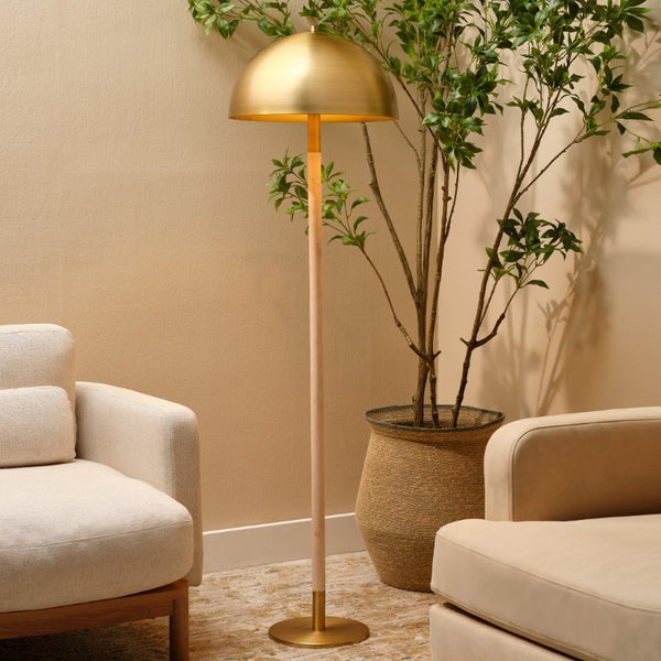 Merlin Burnished Brass Dome Floor Lamp with Natural Wood Base for Home or Office