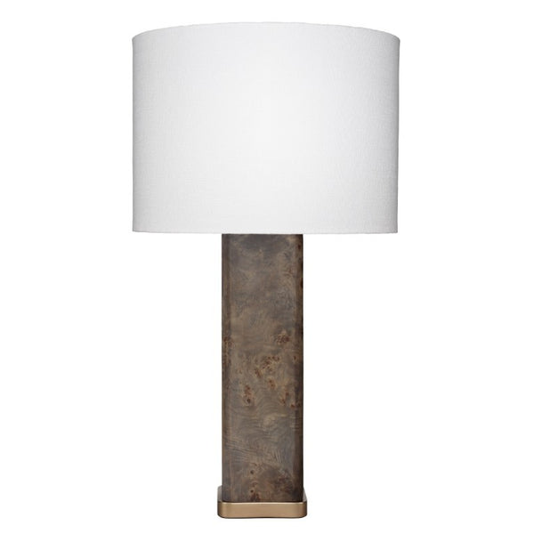 Jamie Young Co. Preston Handcrafted Burl Veneer Table Lamp with Antiqued Brass Accents and Linen Drum Shade 1PRES-TLDG