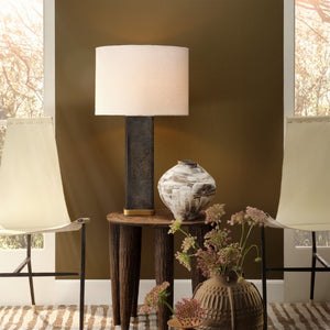 Preston Handcrafted Burl Veneer Table Lamp with Antiqued Brass Accents and Linen Drum Shade