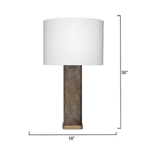 Preston Handcrafted Burl Veneer Table Lamp with Antiqued Brass Accents and Linen Drum Shade