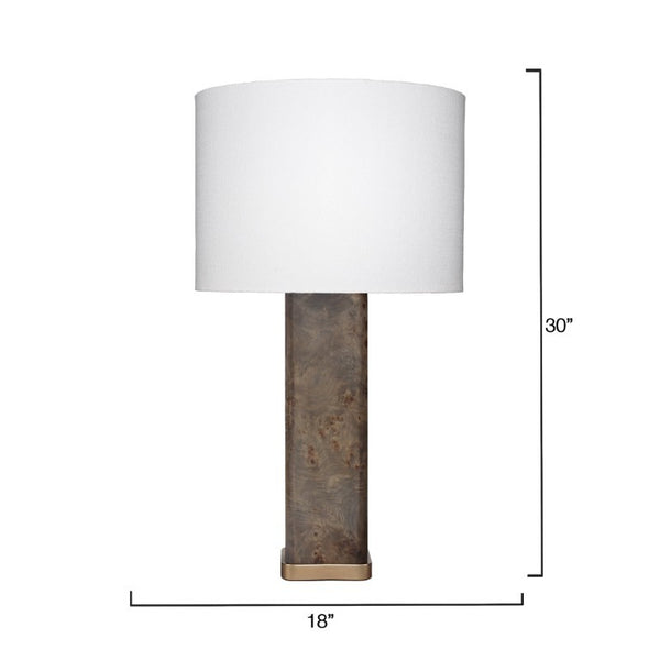 Preston Handcrafted Burl Veneer Table Lamp with Antiqued Brass Accents and Linen Drum Shade
