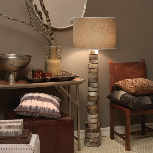 Stacked Faux Horn Ring Floor Lamp with Hemp Drum Shade for Lodge Living Rooms