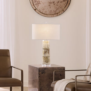 Stag Stacked Natural Horn Table Lamp with Linen Shade Lodge Bedroom Accent