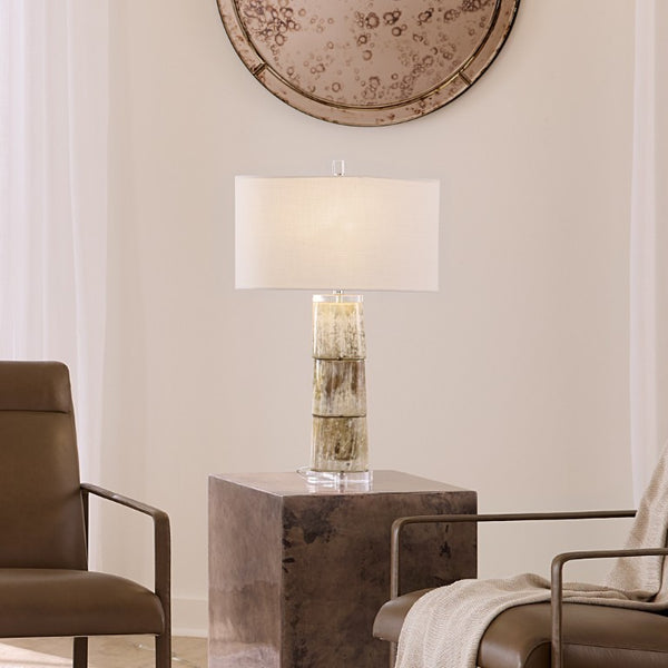 Stag Stacked Natural Horn Table Lamp with Linen Shade Lodge Bedroom Accent