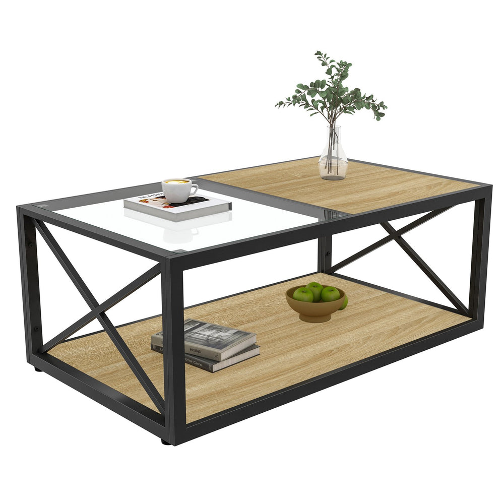 English Elm Modern coffee table with tempered glass and MDF top, industrial X-frame design, sturdy metal frame, ample storage and easy-clean surfaces for living room seating areas Natural Wood W241P246907