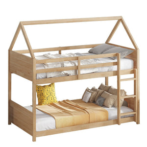 English Elm Twin House Floor Bunk Bed – Charming Rubberwood Design With Safety Guardrails, Ladder & White Oak Finish W504P227973-GIGA