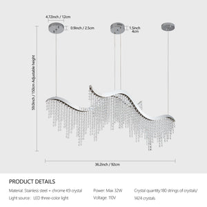 English Elm 36-inch Modern Wave LED Crystal Chandelier, Chrome Stainless Steel, 3360LM 32W, Adjustable Height & Temp W1340P222516