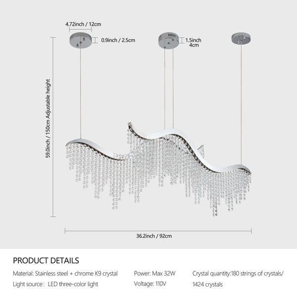 English Elm 36-inch Modern Wave LED Crystal Chandelier, Chrome Stainless Steel, 3360LM 32W, Adjustable Height & Temp W1340P222516