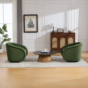 English Elm Swivel Barrel Chair Pumpkin Sculptural Velvet Upholstered with Walnut Wood Round Base Green W3244P427740