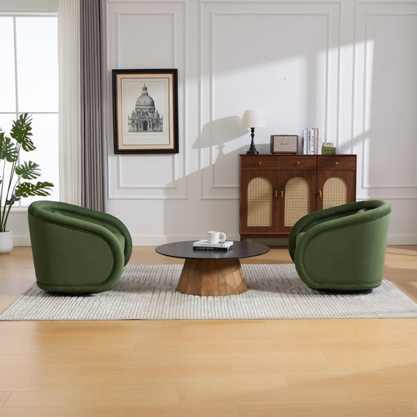 English Elm Swivel Barrel Chair Pumpkin Sculptural Velvet Upholstered with Walnut Wood Round Base Green W3244P427740