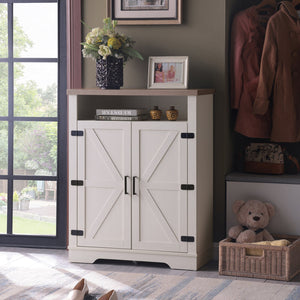 English Elm 6-Tier Shoe Storage Cabinet Farmhouse White+Oak with Adjustable Shelves, 2-Tier Open Tray & Anti-Tip Safety W3151P264510