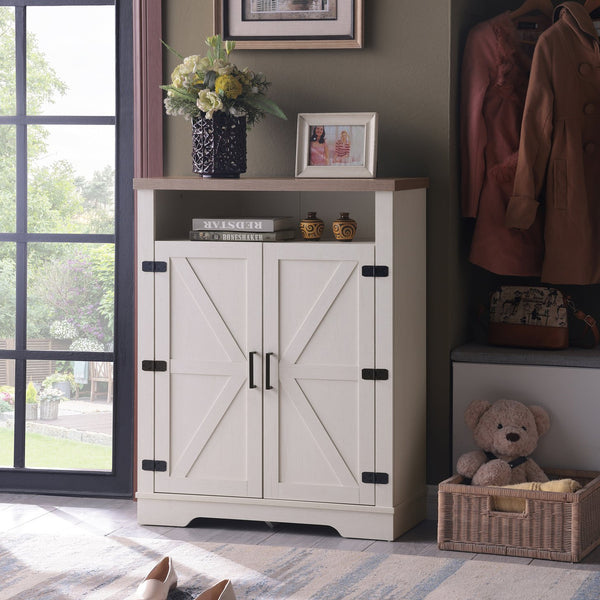 English Elm 6-Tier Shoe Storage Cabinet Farmhouse White+Oak with Adjustable Shelves, 2-Tier Open Tray & Anti-Tip Safety W3151P264510