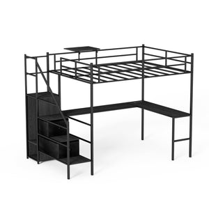 English Elm Full Metal Loft Bed with L-Shaped Desk, RGB LED Lights, Charging Cradle, Wardrobe & Drawers Black W1162S00014