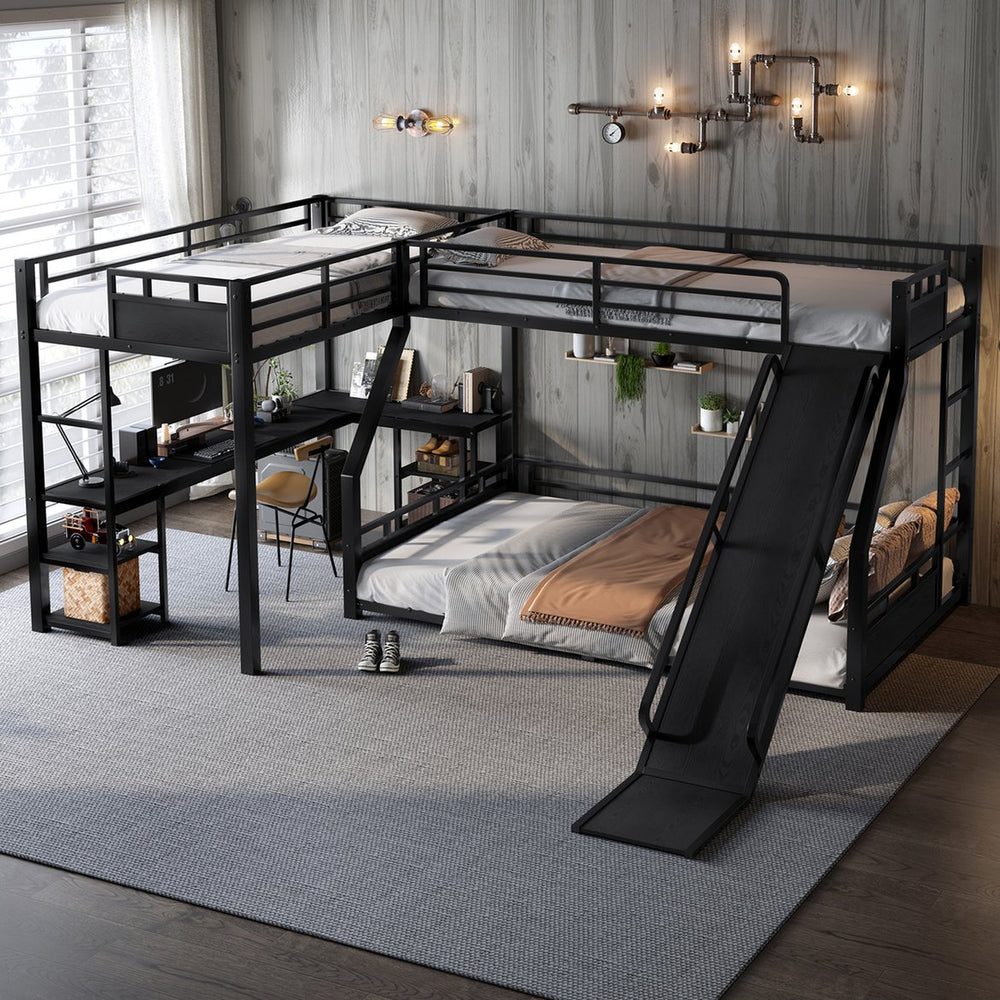 English Elm L-Shaped Metal Bunk Bed With Twin Xl Loft, Queen Bed, Desk, Shelves & Slide - Space-Saving Design! W1580S00279