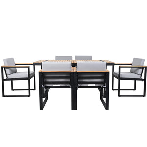 English Elm 7 Piece Outdoor Dining Set with Acacia Wood & Steel Frame, Water-Resistant Cushions, Umbrella Hole Grey N719Z000140E