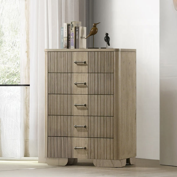 English Elm 1pc Transitional 6-Drawer Dresser in Antique Finish with Reeded Fronts, Felt-Lined Top, Metal Glides Oak 38 L x 21 W x 51 H B2741P408066