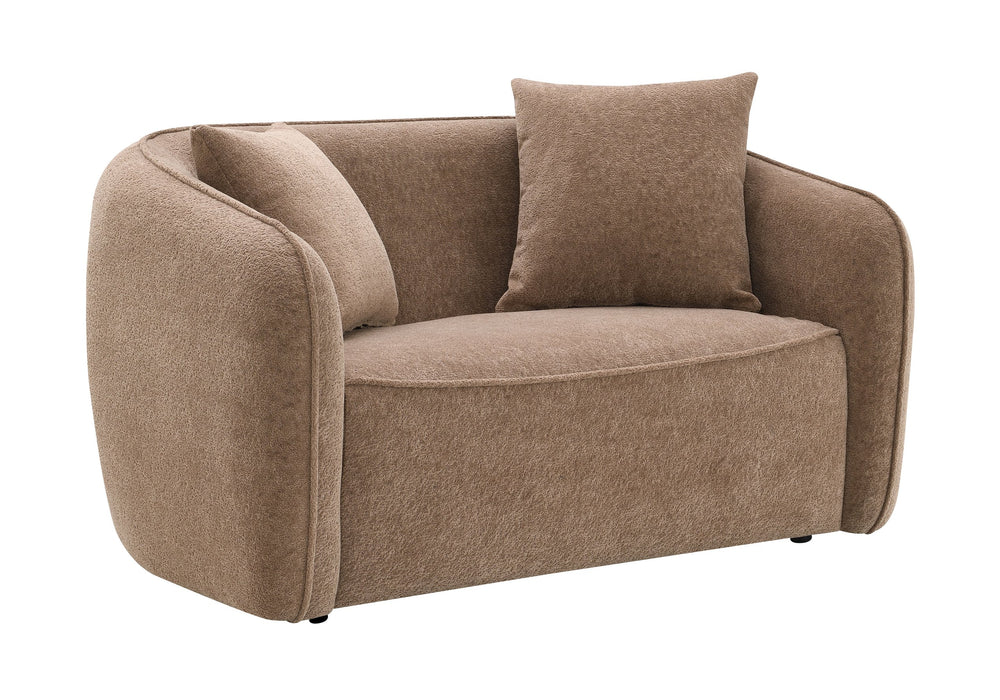 English Elm Keith Brown Chenille Loveseat with Pocket Coil Seats, Foam Cushions, KD Design & 2 Toss Pillows B2726P252311