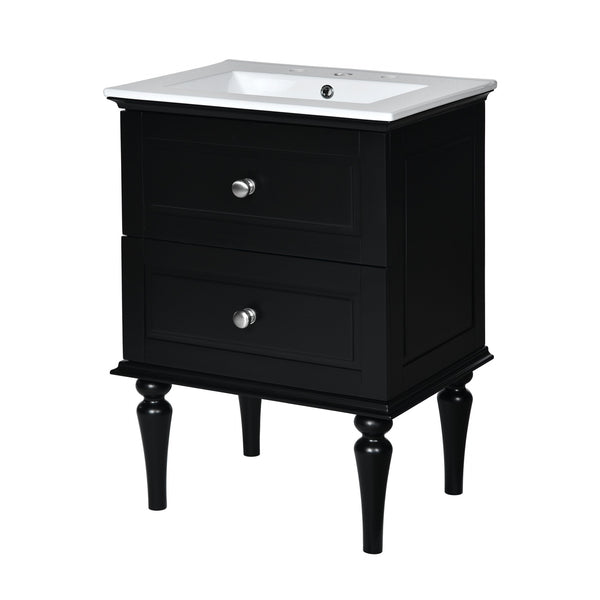 English Elm 24'' French-Style Bathroom Vanity with Ceramic Sink, Black Long Legs, 2 Drawers, Moisture-Resistant Elegance N710P195621B