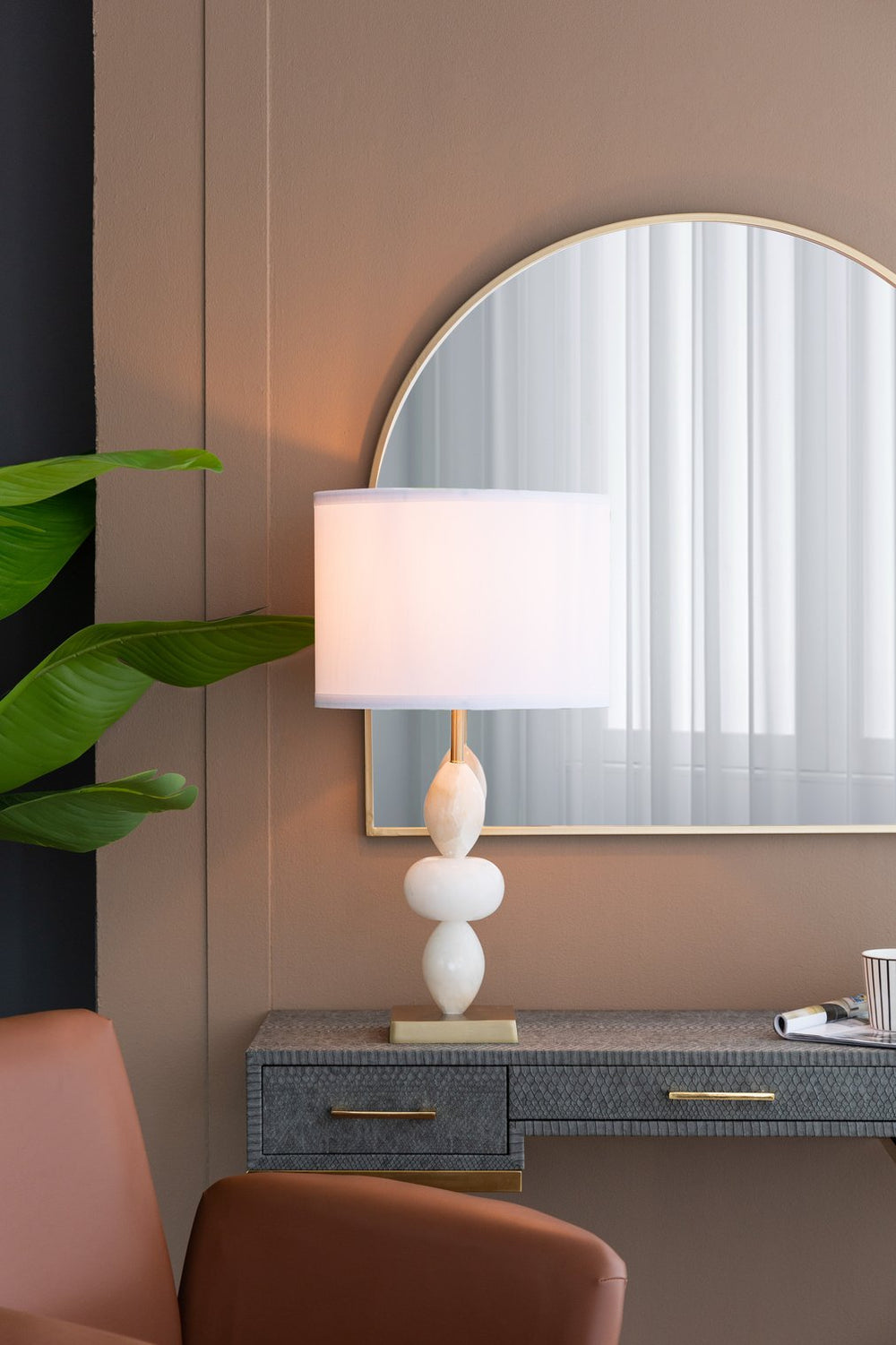 English Elm D14x26.3" White and Gold Three-Tier Round Table Lamp with Alabaster Accents and Drum Shade, 26.3" W2078P395820