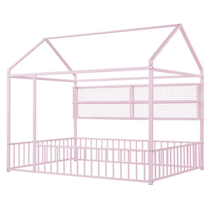 English Elm Full Metal House Bed Frame Full Size with Built-In Fence and 4 Grid Shelves for Durable Storage and Style Pink N737P175361H