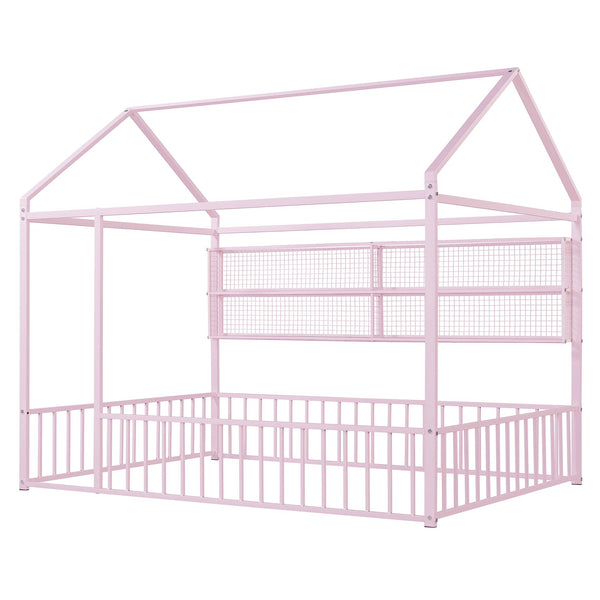 English Elm Full Metal House Bed Frame Full Size with Built-In Fence and 4 Grid Shelves for Durable Storage and Style Pink N737P175361H