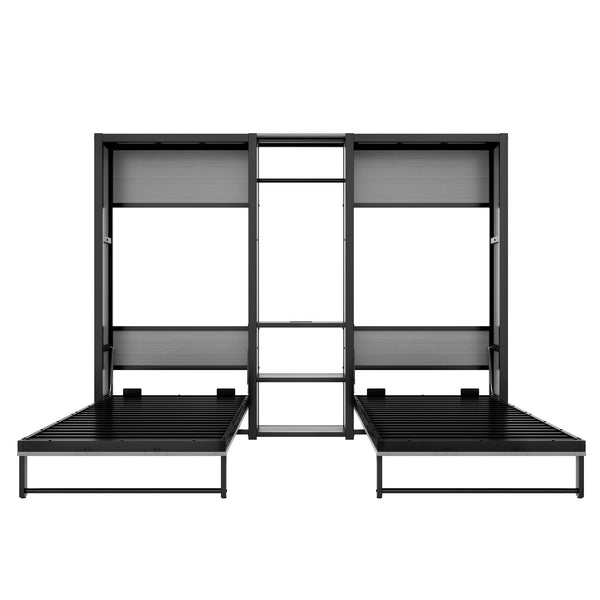 English Elm Twin Twin Murphy Bed with Metal Frame, Foldable 2-in-1 Space-Saving Design, Built-In Wardrobe, Shelves, Power Outlets and Durable Storage Solution Gray W1580S00148