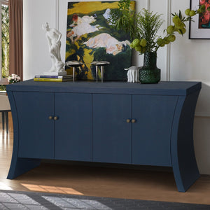 English Elm Refined Industrial 4-Door Credenza with Solid Wood Arc Legs, Distressed Bronze Clasps, Durable Storage Navy Blue W1445P256460