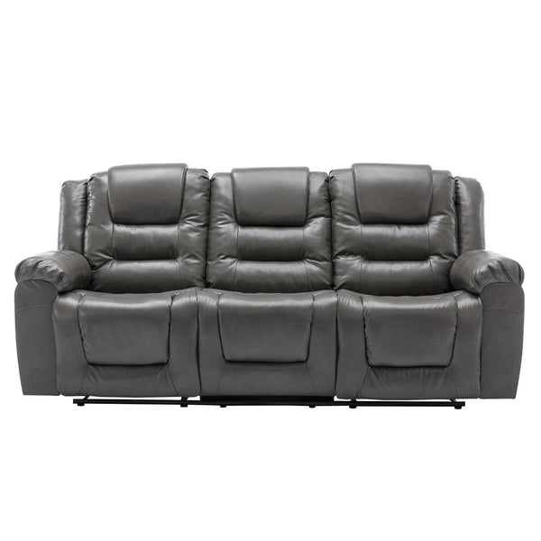 English Elm 3 Seater Home Theater Recliner with Dual Cup Holders PU Leather Comfort, Manual Infinite Recline, 350lb Capacity Grey WF323620AAE