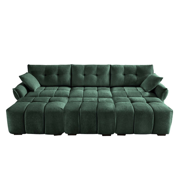 English Elm 3-Seater Sofa Set With 3 Ottomans & Pillows, Elegant Green Chenille, Durable Wood Frame, Versatile Comfort W714S01163