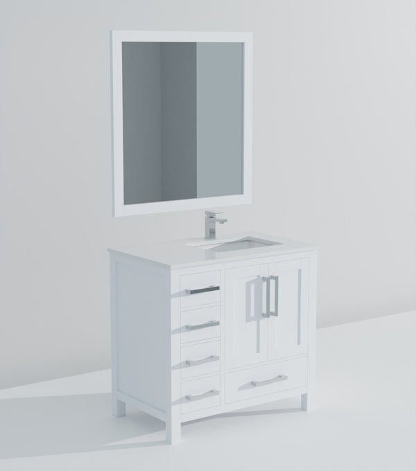 English Elm White Bath Vanity Set With Right-Offset Cultured Marble Top, Chrome Faucet & Matching 34" Mirror B2731S01329-GIGA