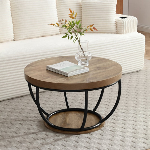 English Elm 31" Round Industrial Coffee Table Wood Grain Veneer Top Two Tier Open Shelf Living Room Black W1117P414751