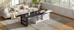 English Elm U-can Farmhouse Lift Top Coffee Table Barn Door Hidden Storage Living Room White+Black N724P351732K