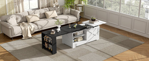 English Elm U-can Farmhouse Lift Top Coffee Table Barn Door Hidden Storage Living Room White+Black N724P351732K