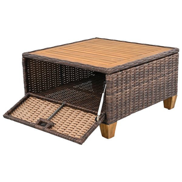 English Elm K&K 8-Piece Wicker Patio Set with 360° Swivel Rockers, Acacia Storage Table, Durable Cushions Blue+Brown N707S000016E